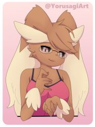 1girls black_pupils clothed female_only fur game_freak glasses looking_at_viewer lopunny nintendo pink_bra pink_iris pokemon pokemon_(species) suggestive_look tagme yorusagiartx