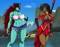 big_ass black_hair blazblue blue_skin breasts cleavage cosplay dark-skinned_female dark_skin desingahv dual_persona final_fight hi_res jackie_valentine large_breasts litchi_faye_ling_(cosplay) long_hair monster_girl navel orange_eyes poison_(final_fight)_(cosplay) red_hair sephzero tall_female thick_thighs wide_hips yellow_eyes