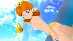 1girls 3d beach bikini bikini_top blue_eyes breasts breasts_out butts69420 cartoony clouds female female_only highres illusion_soft koikatsu mario_(series) nintendo nipples noseless ocean orange_hair princess_daisy solo taking_off_bra tanline tongue tongue_out topless topless_female video_games water wink winking