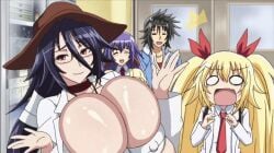 1male 3girls animated big_breasts blonde_hair bouncing_breasts flat_chest hizuki_ayana hizuki_touko huge_breasts kagaku_na_yatsura kuze_airi long_hair looking_at_another looking_at_viewer shocked surprised