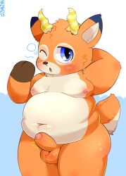 absurd_res animal_crossing antelope anthro balls beau_(animal_crossing) belly blue_eyes blush bovid erection foreskin fur genitals hi_res horn male mammal megapde moobs navel nintendo nipples nude one_eye_closed open_mouth orange_body orange_fur overweight penis solo video_games wink yawn