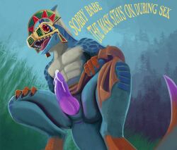 2022 anthro anus blue_body bodily_fluids dialogue digital_media_(artwork) english_text frill_(anatomy) furry gem genital_fluids genitals lizardman_(warhammer_fantasy) male mask nude open_mouth penis phinja ruby_(gem) skink_(warhammer_fantasy) solo text tiktaq'to warhammer_(franchise) warhammer_fantasy