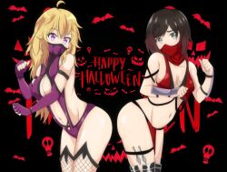 2d 2girls blonde_hair cosplay crossover female female_only halloween lavender_eyes maikbeelzebub mileena_(cosplay) mortal_kombat multiple_girls red_hair ruby_rose rwby silver_eyes skarlet_(cosplay) text yang_xiao_long