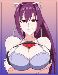 1girls big_breasts bra breasts female female_only joy-con light-skinned_female light_skin looking_at_viewer naughty_face png red_eyes under_night_in-birth voluptuous yuzuriha_(under_night_in-birth)