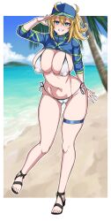 ahoge artoria_pendragon_(fate) baseball_cap beach bikini blonde_female blonde_hair blue_eyes blue_headwear blue_jacket blue_sky blush breasts cameltoe cleavage covered_nipples cropped_jacket fate/grand_order fate_(series) female full_body grin hair_between_eyes hair_through_headwear hat highres jacket large_breasts long_hair long_sleeves looking_at_viewer muta_poo mysterious_heroine_xx_(fate) mysterious_heroine_xx_(foreigner) navel nipple_bulge ocean ponytail sandals shore shrug_(clothing) sidelocks sky smile solo stomach swimsuit white_bikini