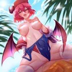 1:1 female guardian_tales hat horns leotard lifeguard lifeguard_yuze_(guardian_tales) red_eyes red_hair succubus succubus_adventurer_yuze_(guardian_tales) tagme tagme_(artist) yuze_(guardian_tales)