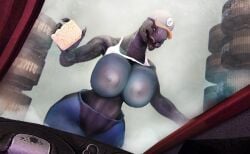 1girls 3d against_glass alien alien_girl big_breasts breasts breasts_out busty car_wash female female_only female_sangheili halo_(series) hat huge_breasts large_breasts looking_at_viewer nipples rodler-h8 sangheili shirt_up solo tank_top thick_thighs wide_hips