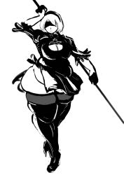 1girls bbw belly big_belly big_breasts blindfold breasts chubby fat female female_only hairband light-skinned_female light_skin nier nier:_automata salting-the-earth short_hair solo solo_female standing thick_thighs thighhighs white_background white_hair yorha_2b