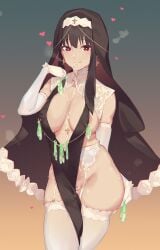 1girls bare_shoulders black_hair blush breasts caisan center_opening condom condom_accessories covered_nipples cross cross_earrings cum cum_in_mouth earrings facial female garter_belt garter_straps gloves groin heart heart-shaped_pupils jewelry large_breasts latin_cross looking_at_viewer nipple_slip nipples no_bra no_panties nun nun's_habit pelvic_curtain red_eyes revealing_clothes sidelocks slutty_outfit smile solo spy_x_family symbol-shaped_pupils thighhighs used_condom veil white_gloves yor_briar yor_forger