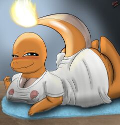 anthro ass big_breasts big_butt blue_eyes blush blush_lines bottomless breasts charmander clothed clothed_breasts clothing eyelashes fangs female fire flame_tail flesh_fang hi_res inside legs_up long_shirt looking_at_viewer lying multicolored_body narrowed_eyes nintendo on_front orange_body orange_skin pokémon_(species) pokeball_print pokemon raised_tail rug scalie shirt smile smiling_at_viewer solo t-shirt tan_body tan_skin thick_thighs topwear two_tone_body video_games white_clothing white_shirt white_topwear wood_floor word360