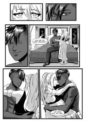 1girls absurdres almost_kiss arms_around_neck arms_around_waist bed bedroom black_and_white black_and_white_dress black_hair blonde_hair blood_bond blood_bond blush closed_eyes colored_skin comic comic_page dark-skinned_male dark_hair dark_skin dress english_text female greek_mythology greek_mythology happy highres interracial long_hair looking_at_another manga manga_page mari_vill monstershake muscular muscular_male on_bed petite ponytail pregnant romantic short_hair sitting sitting_on_bed sitting_on_lap sitting_on_person smile speech_bubble titan_(greek_mythology) topless topless_male typhon typhon_(blood_bond) typhon_titan white_hair white_skin white_skinned_female