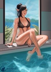 abs astrowolf big_breasts bikini black_hair black_nails ear_piercing earrings elf_ears elf_female elf_girl feet green_eyes pointy_ears ponytail poolside shaved_side smile thighs wet_body wet_feet wet_skin