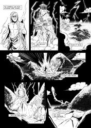 absurdres black_and_white blood_bond blood_bond buried cloud comic comic_page dark_sky explosion god greek_mythology greek_mythology highres italy lightning lightning_bolt_symbol manga manga_page monstershake monstershake muscular muscular_male olympus storm thunder titan_(greek_mythology) typhon typhon_(blood_bond) typhon_titan zeus zeus_(blood_bond)