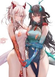 2girls ;d arknights arm_tattoo asymmetrical_docking bar_censor bare_shoulders black_hair braid breast_press breasts censored china_dress chinese_clothes clenched_teeth colored_skin covered_navel cowboy_shot dragon_horns dragon_tail dress dusk_(arknights) dusk_(everything_is_a_miracle)_(arknights) earrings female folded_ponytail green_hair green_skin hand_on_another's_shoulder highres holding_hands horns jewelry long_hair multicolored_hair multiple_girls nian_(arknights) nian_(unfettered_freedom)_(arknights) nipples no_panties official_alternate_costume one_eye_closed parted_lips pelvic_curtain pointy_ears purple_eyes pussy red_eyes red_skin revision ru_zhai siblings simple_background sisters sleeveless sleeveless_dress small_breasts smile streaked_hair tail tassel tassel_earrings tattoo teeth thighs torn_clothes torn_dress white_background white_dress white_hair