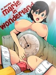 alice_in_wonderland blush breasts comic_cover cover_page jitensha jitenshasw micro naked nipples pencil shrunk shrunken_woman size_difference tape_measure watch wonderland wristwatch