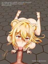 1boy 1girls 2022 5_fingers 5_toes :>= all_fours artist_signature ass blonde_female blonde_hair blowjob breasts english_text fellatio light-skinned_female light_skin looking_at_partner male_pov nameless_monkey shinonome_ito signature straight text virtual_youtuber wactor wactor_cn wactor_gamers wactor_production