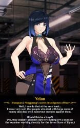 1girls big_breasts breasts breasts busty cleavage curvaceous curvy curvy_body curvy_female curvy_figure english_text female female_focus genshin_impact huge_breasts large_breasts rod.wel short_hair text voluptuous yelan_(genshin_impact)