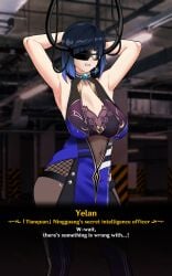 1girls big_breasts brainwashed brainwashing breasts breasts busty cleavage curvaceous curvy curvy_body curvy_female curvy_figure english_text female female_focus genshin_impact huge_breasts large_breasts mind_control rod.wel short_hair text voluptuous yelan_(genshin_impact)