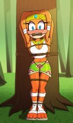 1girls 3_toes anthro arms_behind_back belly_button bit_gag blush bondage bound_to_tree clothed crotch_rope echidna female_only femsub forest gag gagged hands_behind_back medium_breasts panties panties_peek sandals scared shibari_over_clothes skirt solo solo_female sonic_(series) sonic_the_hedgehog_(series) tied_legs tied_to_tree tied_up tikal_the_echidna tree trees white_panties zeecibee