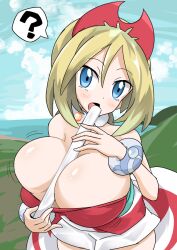 2022 big_breasts blonde_hair blue_eyes breasts cleavage flute huge_breasts irida_(pokemon) licking oro_(zetsubou_girl) overflowing_breasts paizuri pokemon pokemon_legends:_arceus sexually_suggestive suggestive suggestive_gesture suggestive_look suggestive_pose tagme titfuck titjob