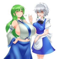 2girls big_breasts breast_envy breast_expansion breasts_bigger_than_head dress enormous_breasts female female_only green_hair grey_hair growth huge_breasts massive_breasts multiple_girls overflowing_breasts sakuya_izayoi sanae_kochiya skirt smug smug_face snap snapping_fingers touhou white_background zabutonnexactly