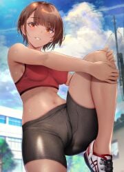 1girls armpits athletic_female bare_arms bare_midriff bare_shoulders belly_button bike_shorts blurry_background blush blush_lines blushing brown_hair cameltoe cloud clouds cloudy_sky detailed_background eyebrows_visible_through_hair fit fit_female footwear fully_clothed gentsuki looking_down medium_breasts orange_eyes original original_character red_topwear running_shoes school schoolgirl shaved_armpit shoes short_hair sky solo solo_female stretching sweat sweatdrop sweating sweaty sweaty_body teeth thick_thighs tomboy topwear workout