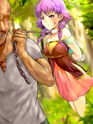 1boy 1girls angry angry_sub arms_behind_back bangs bare_arms bare_legs bare_shoulders bondage bound bound_wrists breasts bruise captured chain_leash chains collar collarbone defeated dress female female_focus femsub fire_emblem fire_emblem:_the_sacred_stones forest glaring injury leash lute_(fire_emblem) male maledom medium_hair nari_(nari149528) nintendo outdoors purple_eyes purple_hair pussy_juice pussy_juice_trail restrained shoulders small_breasts solo_focus wet_pussy