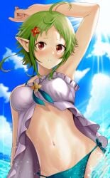 1girls ahoge aqua_bikini arm_up armpits arms_up bare_arms belly belly_button bikini bikini_bottom bikini_bottom_only bikini_top blue_sky blush day female female_focus female_only flower flower_in_hair green_hair groin hair_flower hair_ornament hairclip konbanwa01 midriff mushoku_tensei navel outdoors parted_lips pointy_ears red_eyes short_hair side-tie_bikini sky solo solo_female solo_focus stomach summer sylphiette_(mushoku_tensei) topwear white_topwear