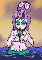 bedroom_eyes between_breasts blush cala_maria canon_couple cuphead_(game) cute drinking exposed_breasts heart-shaped_pupils large_breasts mugman scar seductive sweat tagme_(artist) wide_hips