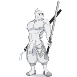 anthro boo_(mario) boots casual_nudity clothing emblem fangs footwear genitals ghost male mario_(series) melee_weapon nintendo nipples notkastar nude pecs penis pose smile solo spirit sword video_games weapon zatch_(notkastar)