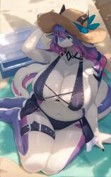 1girls anthro aqua_eyes armpits beach beach_towel big_breasts bikini breasts dragon dragon_ears dragon_horns dragon_tail female female_only hat horns kneeling lanya_(lcshian) lcshian long_hair one_eye_closed pink_highlights pointy_ears purple_hair slightly_chubby solo solo_female straw_hat sweat tail thick_thighs viewed_from_above