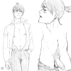 1boy breath chainsaw_man collage erection exposed_penis hayakawa_aki male male_only navel open_shirt pubic_hair s37spicy topknot unbuttoned unbuttoned_shirt undressing visible_breath