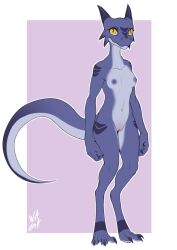 2020 anthro breasts female genitals grimra_(positronwolf) hi_res kobold looking_at_viewer nipples non-mammal_breasts non-mammal_nipples nude pupils purple_body purple_scales pussy scales scalie slit_pupils solo standing w4g4 yellow_eyes