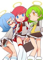 3girls :d :o ass bangs black_skirt blazer blue_eyes blue_hair blue_panties blue_ribbon blush_stickers bow bowtie camouflage camouflage_panties ciel_(puyo_puyo) clipboard closed_mouth clothes_lift covering_ass crotch_seam dress_shirt flore_(puyo_puyo) frown glaring glasses green_bow green_bowtie green_eyes green_hair green_panties grey_jacket hairband halo highres holding holding_clipboard jacket koshirohara_mach_(artist) long_hair long_sleeves long_socks looking_at_another looking_at_viewer looking_back miniskirt multiple_girls neck_ribbon necktie ogihara_mach open_mouth orange_eyes panties parted_lips pleated_skirt puyo_puyo puyo_puyo_fever puyo_puyo_quest red-framed_eyewear red_hair red_necktie ribbon roco_(puyo_puyo) school_briefcase school_uniform semi-rimless_eyewear shirt shoes short_hair short_socks simple_background single_horizontal_stripe skirt skirt_lift skirt_tug smile socks standing sweater swept_bangs thighhighs under-rim_eyewear underwear very_long_hair white_background white_legwear white_panties white_shirt wind wind_lift wing_collar yellow_hairband yellow_sweater