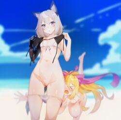 >_< 2girls animal_ears bangs bikini bikini_top_only blonde_hair breasts falling flat_chest grey_hair hair_between_eyes hair_ribbon jaana_kettu large_breasts long_hair mechanical_arm multiple_girls navel original panties panty_pull ponytail prosthesis prosthetic_arm purple_eyes pussy ribbon single_mechanical_arm swimsuit thigh_gap tilt-shift tilt-shift_(azalanz) topless uncensored underwear wakaba-tan white_bikini