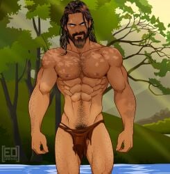 1boy abs artist_logo artist_name ballsack bara beard blue_eyes body_hair brown_hair disney ed_draws facial_hair human literature loincloth long_hair_male male male_nipples male_only male_pubic_hair manly mature_male muscles muscular_male mustache pecs penis_bulge public_domain scrotum solo tarzan_(1999_film) tarzan_(character)