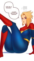 1girls avengers big_breasts blonde_female bodysuit breasts busty captain_marvel carol_danvers curvy dialogue female hips hourglass_figure huge_breasts jerkdibuja large_breasts legs light-skinned_female light_skin marvel marvel_comics spanish_text speech_bubble superhero superheroine text thick_legs thick_thighs thighs translated voluptuous wide_hips