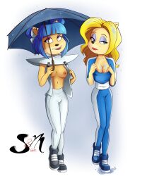 5:6 activision anthro bodysuit breasts cleavage clothed clothing crash_(series) crash_team_racing_(series) duo female flashing flashing_breasts fur hi_res isabella_bandicoot lipstick makeup megumi_bandicoot nipples silverlarkafterdark skinsuit small_breasts tight_clothing umbrella video_games