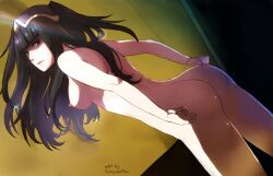 1girls ass back bangs bare_back big_ass black_hair breasts edit female female_only fire_emblem fire_emblem_awakening grey_eyes long_hair looking_at_viewer looking_back medium_breasts nintendo nipples nude_filter solo splooshiemon tharja_(fire_emblem) tharja_(summer)_(fire_emblem)