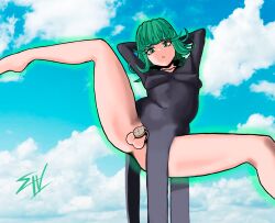 1futa armpits arms_behind_head arms_up balls bottomless chastity chastity_cage chastity_device clothed clothing esgarot_iv flat_chastity_cage flat_chest futa_only futanari green_eyes green_hair human light-skinned_futanari light_skin mostly_clothed navel one-punch_man small_breasts solo tatsumaki thighs