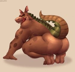 absurd_res activision anthro anus ass bent_legs big_butt brown_body butt_focus canid canine canis claws crash_(series) crocodile crocodilian crocodylid dingo dingodile dominant dominant_male eyebrows fangs feet fur fur_markings hand_on_floor hi_res hybrid looking_at_viewer male male/male male_only mammal markings muscular muscular_male paws raised_tail rear_view red_tongue reptile scales scalie simple_background smile smirk snaftfc solo squatting tan_body thick_tail tongue tongue_out video_games white_background yellow_eyes