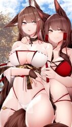 2022 2girls akagi_(azur_lane) akagi_(paradise_amaryllis)_(azur_lane) alternate_costume amagi_(azur_lane) amagi_(wending_waters_serene_lotus)_(azur_lane) azur_lane barely_clothed barely_contained blush breasts brown_hair cleavage female female_only fluffy_ears fluffy_tail fox_ears fox_girl fox_tail hi_res hips huge_breasts kitsune light-skinned_female light_skin long_hair nervous official_alternate_costume purple_eyes red_eyes sakura_empire_(azur_lane) samip slim_waist smile tail thick_thighs thighs wide_hips