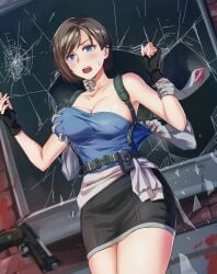 1girls 2d big_breasts blood blue_eyes blush breast_grab breasts broken_window brown_hair cleavage female female_focus grabbing_from_behind groping gun jill_valentine jill_valentine_(julia_voth) looking_at_viewer ontamama peril pistol resident_evil resident_evil_3 resident_evil_3_remake short_hair skirt tubetop undead window zombie