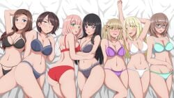 6+girls 7girls arm_behind_back arm_behind_head arm_up arms_behind_back ass bang_dream! bare_shoulders black_bra black_hair black_panties blonde_hair blue_bra blue_eyes blue_panties blush bra breasts brown_eyes brown_hair cleavage closed_mouth feet_out_of_frame glasses green_bra green_eyes green_panties hair_ornament highres ichigaya_arisa large_breasts leo_j_low lingerie long_hair looking_at_viewer looking_over_eyewear low_twintails lying multiple_girls navel on_back open_mouth panties parted_lips pink_bra pink_eyes pink_hair pink_panties purple_eyes red_bra red_panties shirokane_rinko short_hair smile trait_connection tsurumaki_kokoro twintails uehara_himari underwear wakana_rei white_bra white_panties x_hair_ornament yamato_maya yashio_rui yellow_eyes