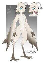 2022 3_fingers anthro avian beak biped blue_eyes english_text female fingers freckles genitals hi_res lyra_(w4g4) nude open_mouth pussy simple_background solo standing text w4g4 winged_arms wings