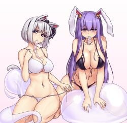 2girls black_bra black_panties breasts bunny_ears condom condom_in_mouth female hair_ribbon hater_(hatater) light-skinned_female light_skin long_hair multiple_girls purple_hair reisen_udongein_inaba ribbon short_hair silver_hair touhou white_bra white_panties youmu_konpaku youmu_konpaku_(ghost)