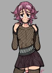 1boy androgynous black_eyes cock crona_(soul_eater) crossdressing dick femboy feminine_male feminine_pose penis pink_hair skirt soul_eater sweat sweating visible_penis