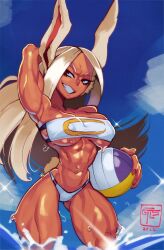 1girls bunny_ears dark-skinned_female dark_skin female female_only gattles hi_res in_water long_hair looking_at_viewer miruko muscular muscular_female my_hero_academia narrowed_eyes red_eyes rumi_usagiyama smiling smiling_at_viewer solo solo_female swimwear teeth_showing white_hair