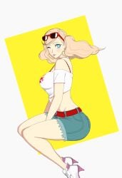 ann_takamaki big_ass big_breasts bikini blonde_hair blue_eyes booty_shorts breasts cleavage eyewear_on_head fat_ass large_breasts nahone_peko persona persona_5 squatting sunglasses sunglasses_on_head swimsuit teenager thick_thighs thin_waist tongue twintails