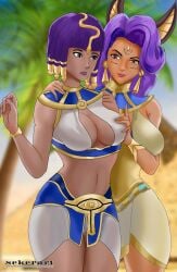 2girls ancient_middle_east blue_hair breasts brown_hair clothing desert egyptian egyptian_clothes esmeralda_(mobile_legends) jewelry lesbian middle_eastern middle_eastern_clothing middle_eastern_female mobile_legends multiple_girls rafaela_(mobile_legends) sekerart tagme yuri